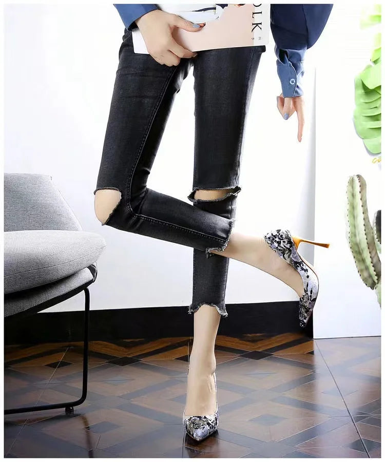 Fashion Printed Pointed Colored Mesh Red Gentle Shoes 2025 Spring Thin Heel Waterproof Platform Ultra High Heel Single Shoe