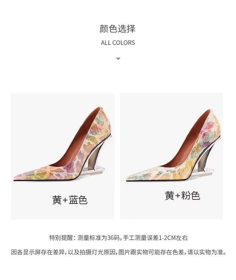 Pumps Women Shoes Flower Totem Slip-On Shallow Shoes Wedding Party Pointed Toe High Heels Pump Femme Special-shaped heel
