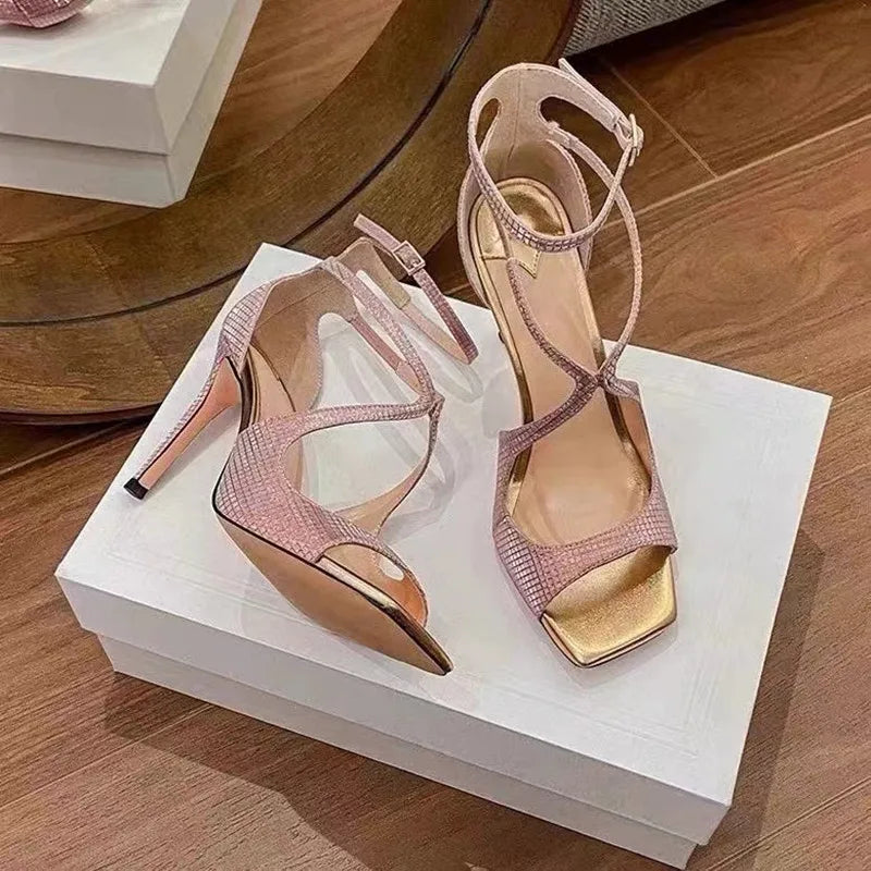 Fashion Patent Leather Peep toe Women Gladiator Sandals Sexy Narrow band Ankle Strap Gold Stiletto High heels Summer Party Shoes