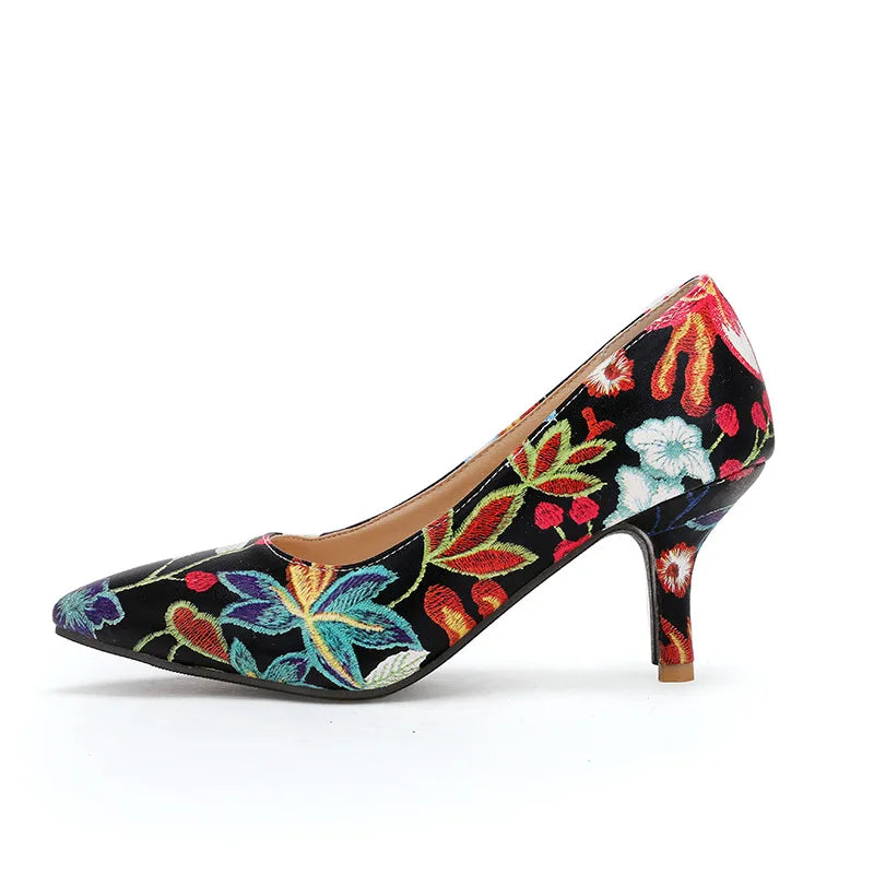 Ladies Retro Pumps Sexy High Heels Stiletto Black Green Blue Flowers Slip-Ons Plus Size 45-2 Wide Foot Shoes For Party Nigh Club