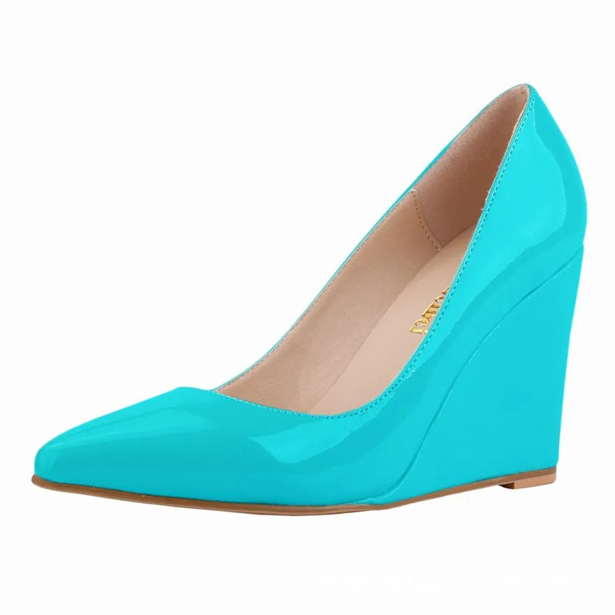 14 Colors Women Patent Leather Wedge Shoes Autumn Pointy Toe Shallow Woman Pumps Red Yellow High Heels Female Wedding Dress Shoe