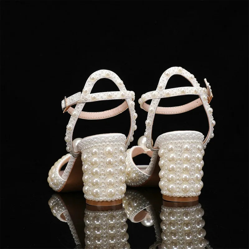 2025 New High Heels Thick Heel Shallow Mouth Women's Pearl Sandals Wedding Shoes Bridesmaid Shoes