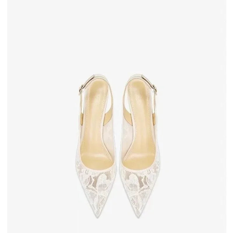 2024 Women's Shoes Lace High Heels Sexy Party Pumps Pointed Toe Buckle Strap Thin Heel Slingbacks Sandal