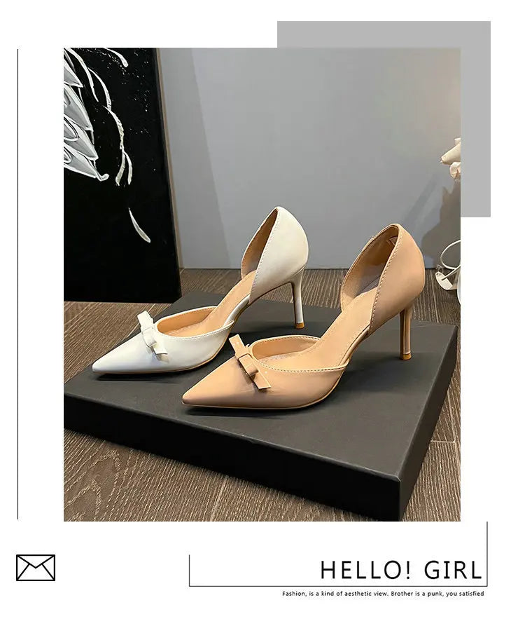 New Autumn Patent Leather Nude High Heels Thin Heel Pointed Bow Korean Version