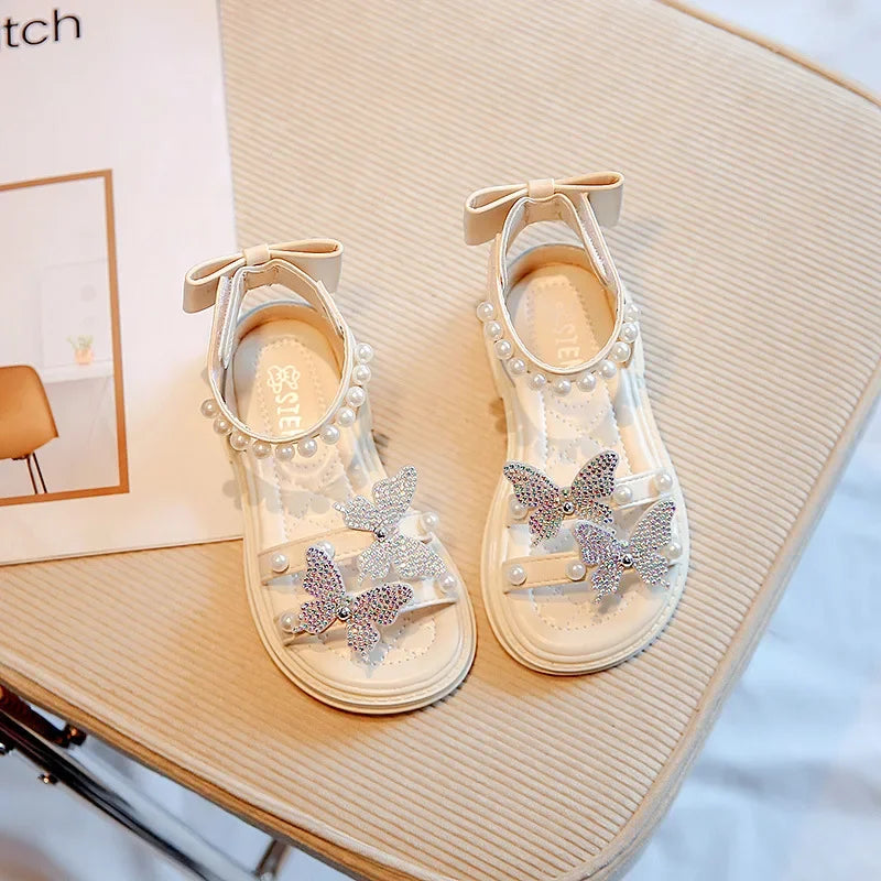 Kids Roman Sandals 2024 New Girls'  Princess Shoes with Butterfly Girl Fashion Sweet Pearl Beach Shoes with Back Knot Anti Slip