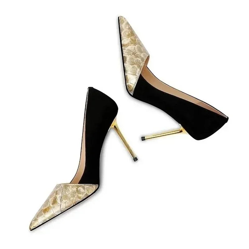 Fashion New Genuine Leather Women Pumps,Side Shallow Out High Heels Autumn Shoes,Slip on,Green,Gold,Pointed Toe Dropship