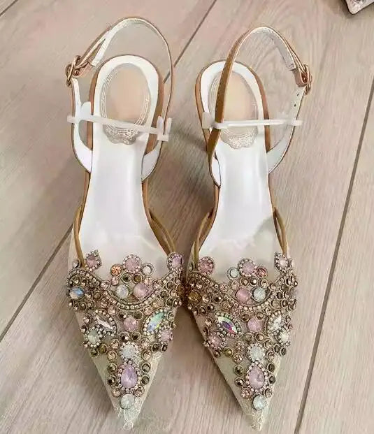Multi-color Diamond Rhinestone Pearl Wedding Lace Sandals Women Pointed Toe Ankle Strap High Heels Woman Shoes