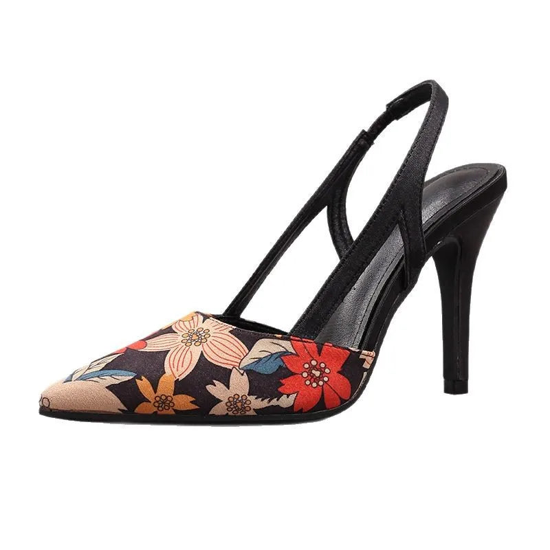 Women's Floral Print Ankle Strap Pointed Toe Stiletto Heel Pumps for Party Date Q-040