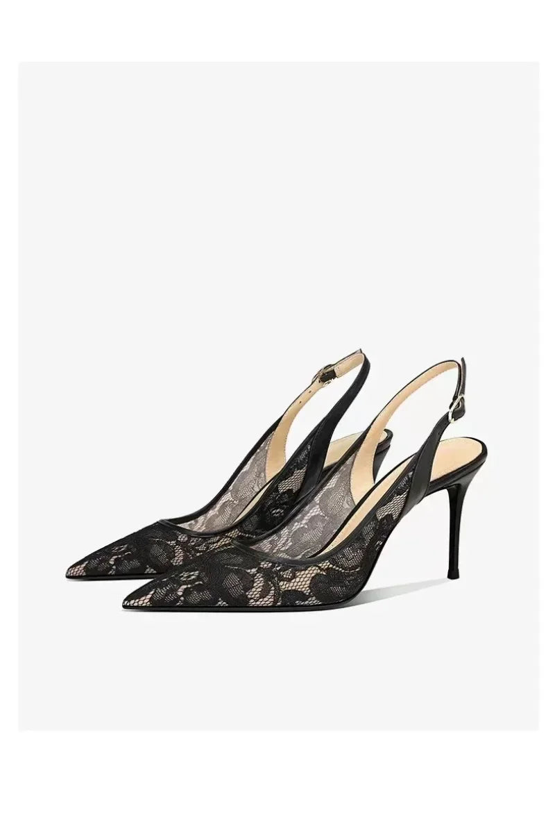 2024 Women's Shoes Lace High Heels Sexy Party Pumps Pointed Toe Buckle Strap Thin Heel Slingbacks Sandal