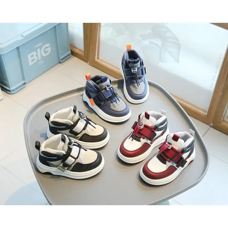 Children Spring Autumn Casual Soft Sole Shoes Girls Fashion High Top Sneakers Boys Front Lacing Color Blocking Bread Daddy Shoes