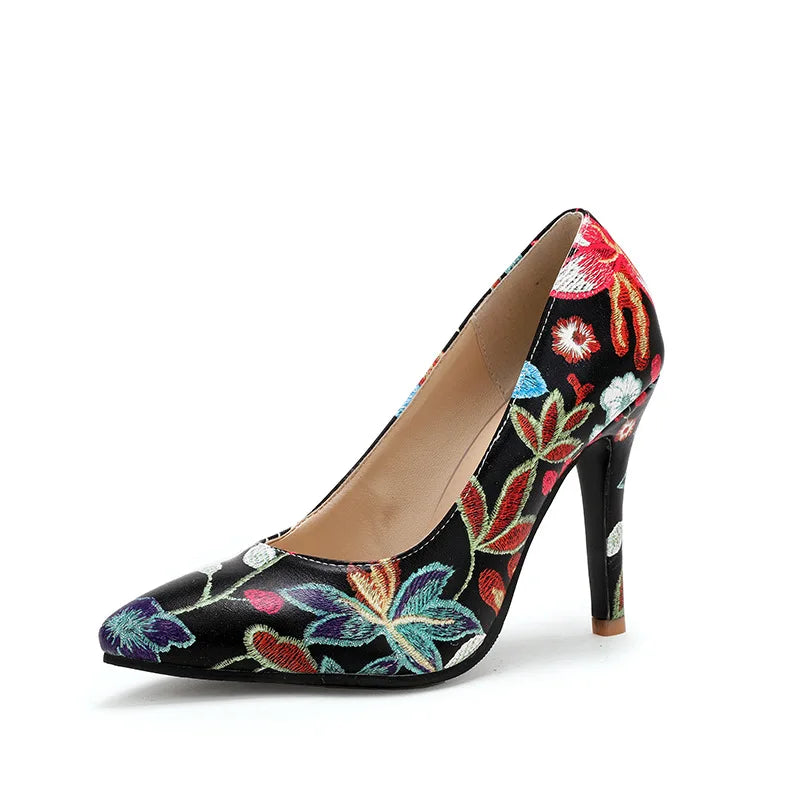 Ladies Retro Pumps Sexy High Heels Stiletto Black Green Blue Flowers Slip-Ons Plus Size 45-2 Wide Foot Shoes For Party Nigh Club