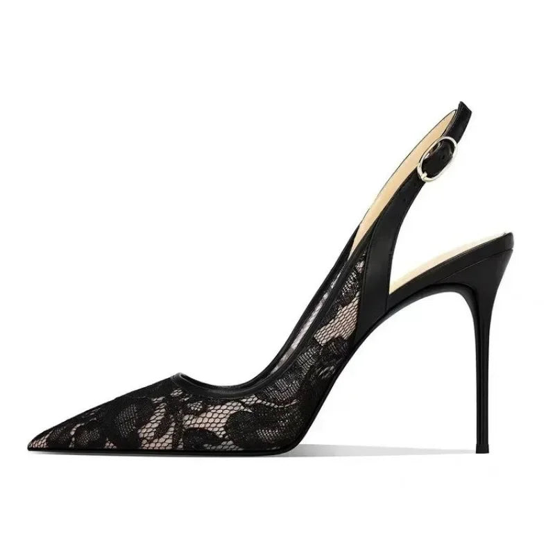 2024 Women's Shoes Lace High Heels Sexy Party Pumps Pointed Toe Buckle Strap Thin Heel Slingbacks Sandal