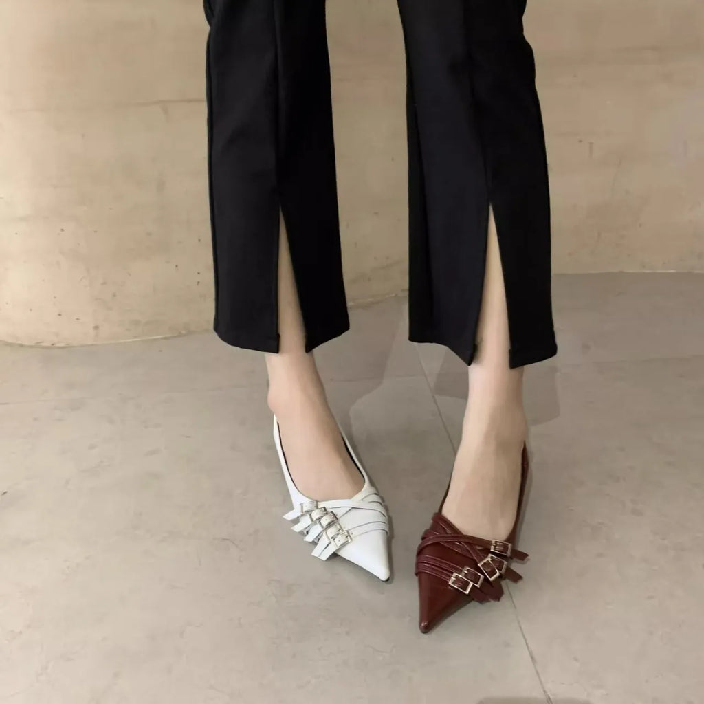 Thin Heeled Square Buckle High Heels for Women 2025 New French Style Shallow Mouth Low Heel Small Leather Shoes