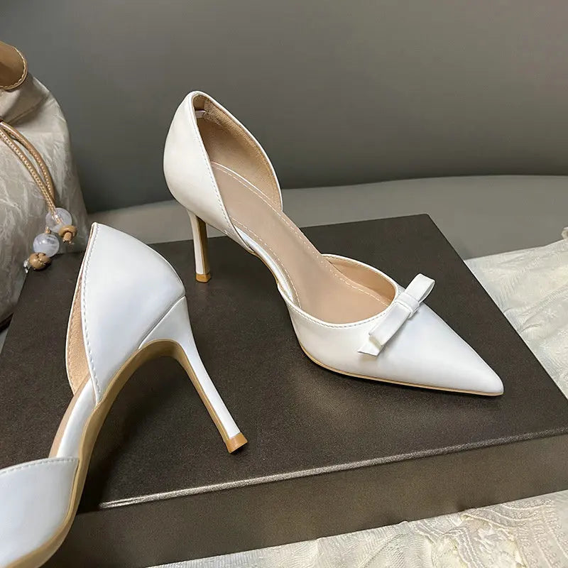 New Autumn Patent Leather Nude High Heels Thin Heel Pointed Bow Korean Version