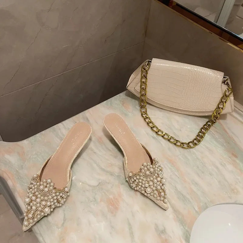 New Slippers Fashion Pointy Head Pearl Half Slippers Fine Heeled Sandals Women's Shoes 42 Yards Middle Heeled Mules Shoes