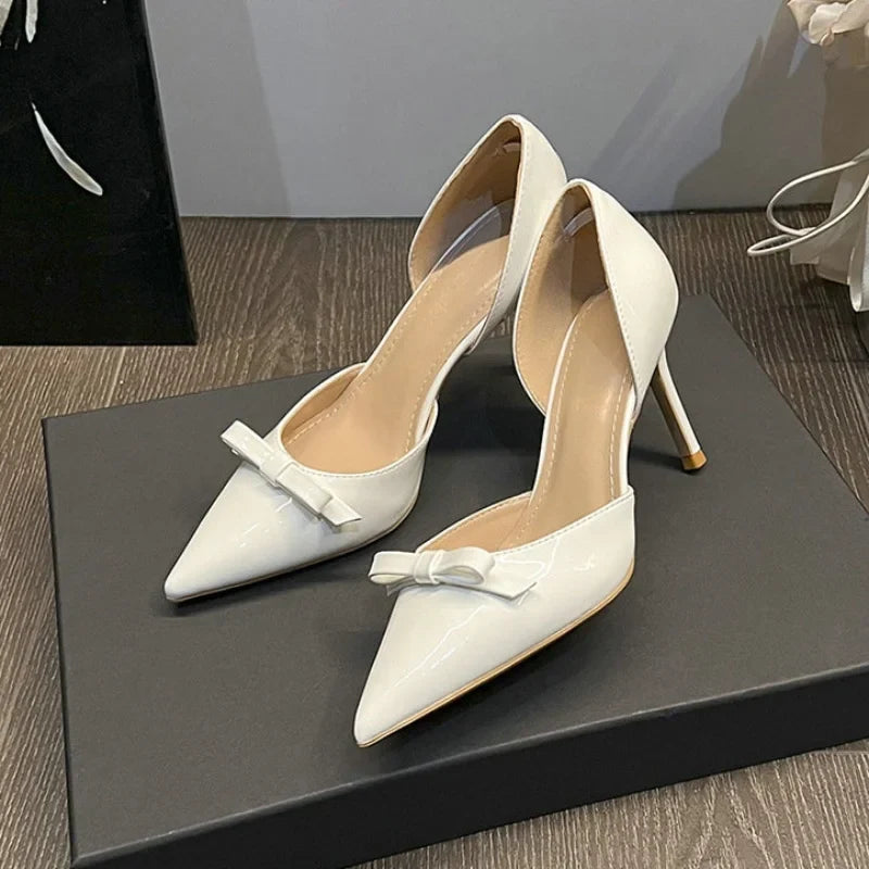 New Autumn Patent Leather Nude High Heels Thin Heel Pointed Bow Korean Version