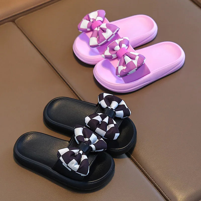 Kids Slippers Spring Autumn Girls Fashion Bow Wear Wear Non-slip Home Slippers Outside Home Thick Bottom Beach Sandals Slippers