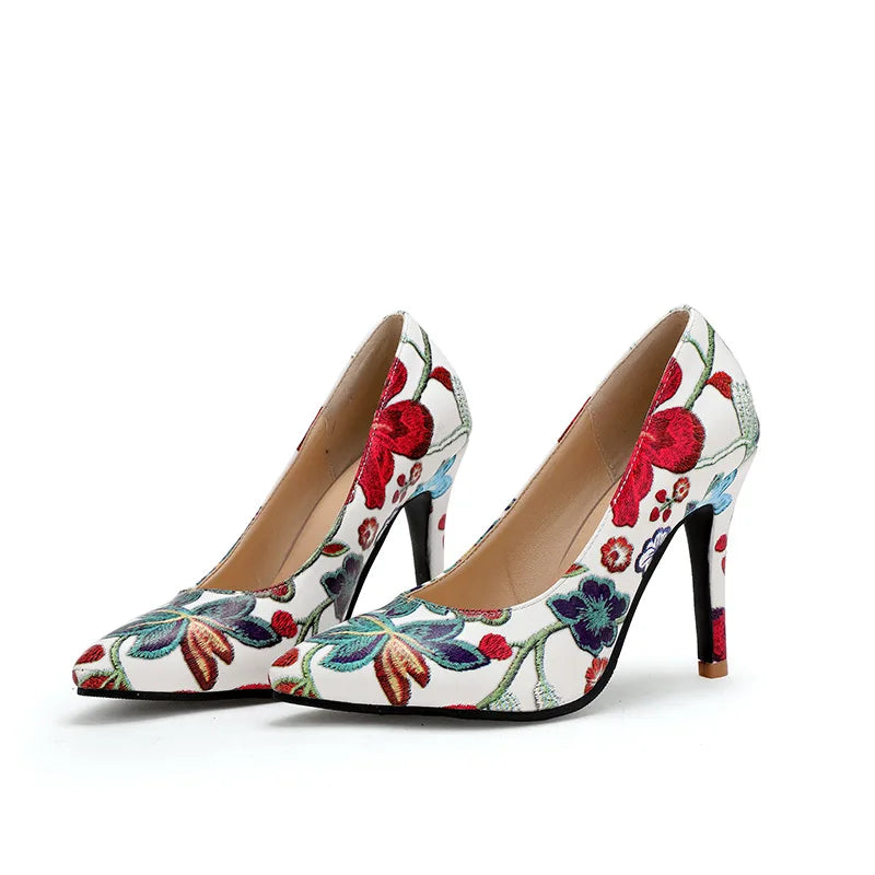 Ladies Retro Pumps Sexy High Heels Stiletto Black Green Blue Flowers Slip-Ons Plus Size 45-2 Wide Foot Shoes For Party Nigh Club