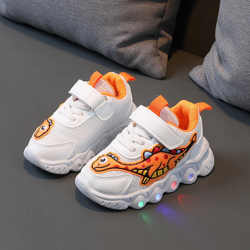 2024 Popular Boys and Girls Dinosaur Glowing Sports Shoes Spring Autumn Breathable Mesh Kids Casual Shoes Designer Tenis De Niño