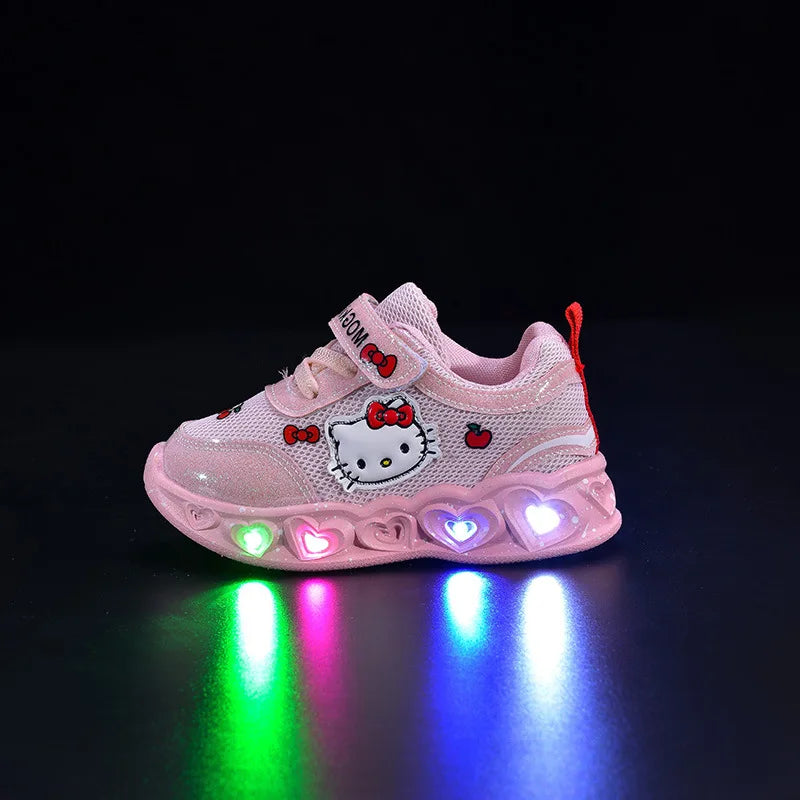 Kids'Casual Shoes Girls Led Light Cartoon PU Leather Fashion Sport Flat Bottom Shoes Breathable White Pink Size 21-30
