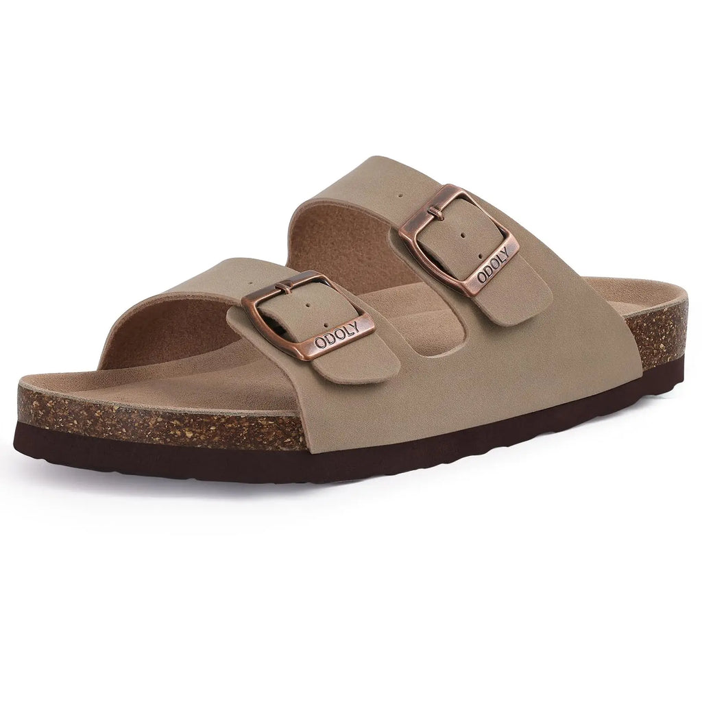 Shevalues Men Classic Leather Sandals Fashion Double Outdoor Beach Shoes Comfort Unisex Cork Footbed Slippers With Arch Support