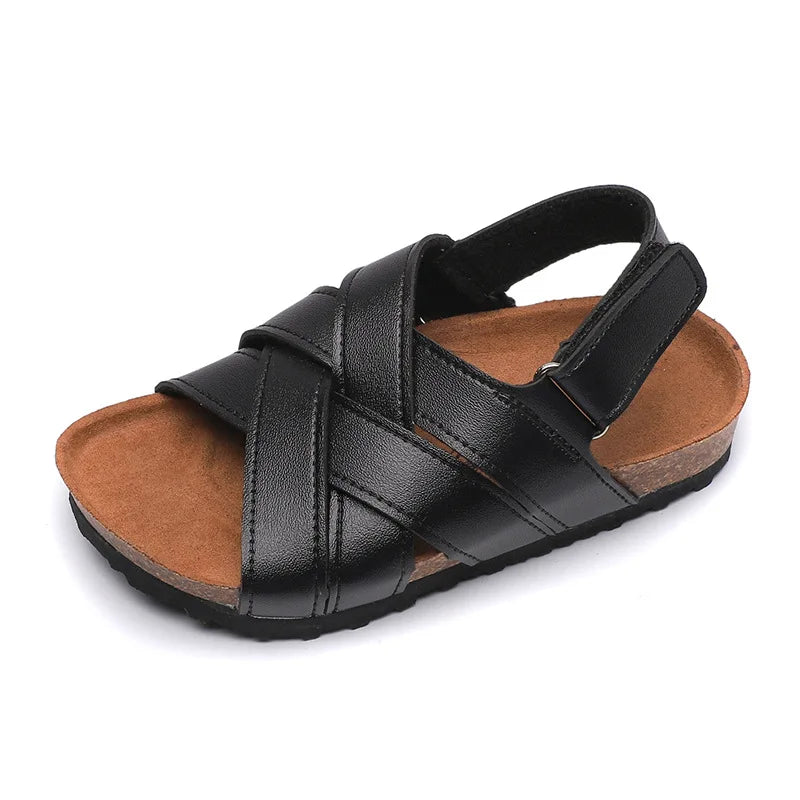 Children's Summer PU Open Toe Sandals For Boy Girl Roman Cork Sandals Outdoor Non Slip Soft Leather Beach Shoes For Kids Fashion
