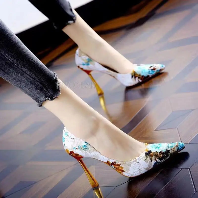 Fashion Printed Pointed Colored Mesh Red Gentle Shoes 2025 Spring Thin Heel Waterproof Platform Ultra High Heel Single Shoe