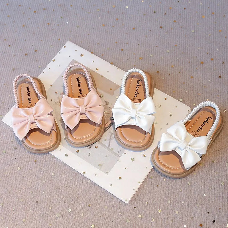 Kids Sandals for Girls 2025 Summer Girls Bow Design Sandals Children Beach Shoes Open Toes Flat Anti-skid Rubber Ankle Strap