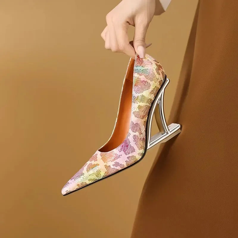 Pumps Women Shoes Flower Totem Slip-On Shallow Shoes Wedding Party Pointed Toe High Heels Pump Femme Special-shaped heel