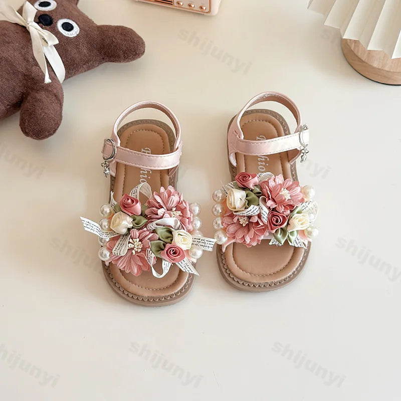 Girls' Sandals Princess Shoes Flower Design Elegant Temperament Sandals 2025 Summer New Baby Soft Bottom Breahable Beach Shoes