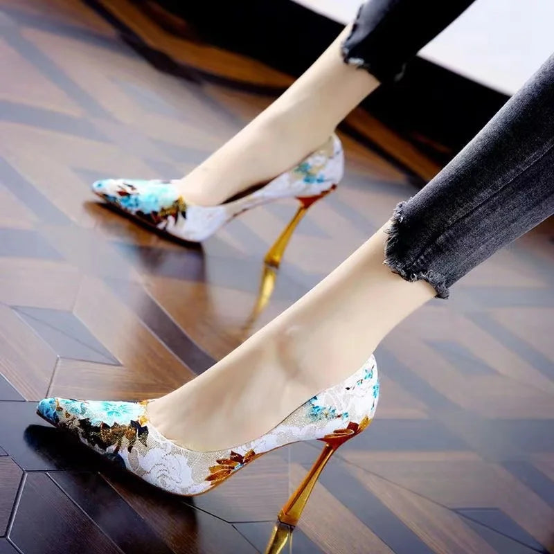 Fashion Printed Pointed Colored Mesh Red Gentle Shoes 2025 Spring Thin Heel Waterproof Platform Ultra High Heel Single Shoe