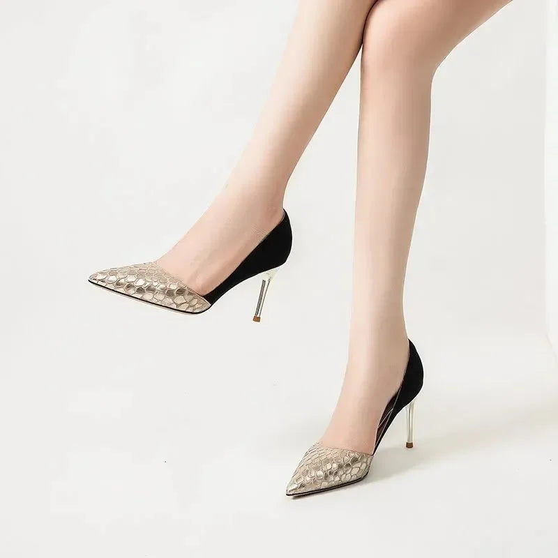 Fashion New Genuine Leather Women Pumps,Side Shallow Out High Heels Autumn Shoes,Slip on,Green,Gold,Pointed Toe Dropship