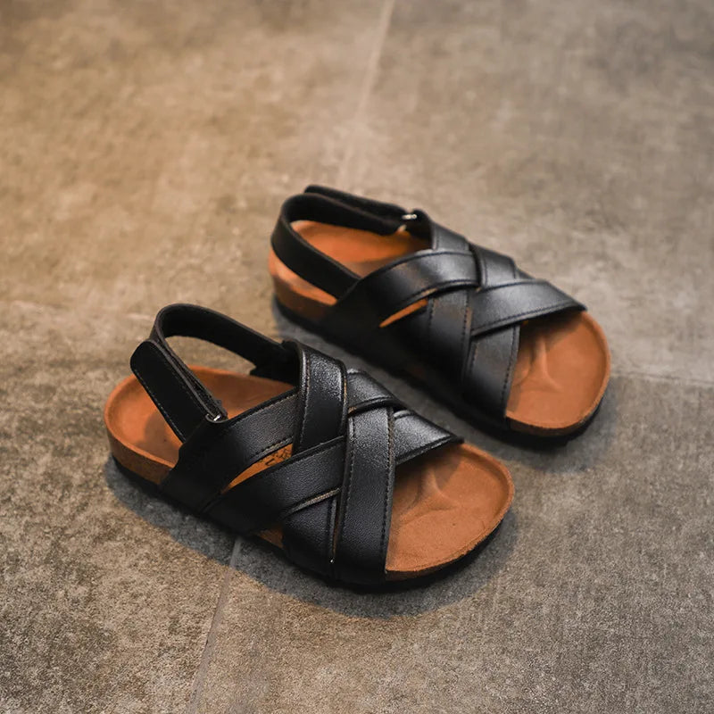 Children's Summer PU Open Toe Sandals For Boy Girl Roman Cork Sandals Outdoor Non Slip Soft Leather Beach Shoes For Kids Fashion