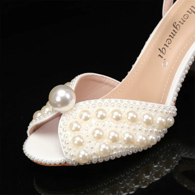2025 New High Heels Thick Heel Shallow Mouth Women's Pearl Sandals Wedding Shoes Bridesmaid Shoes