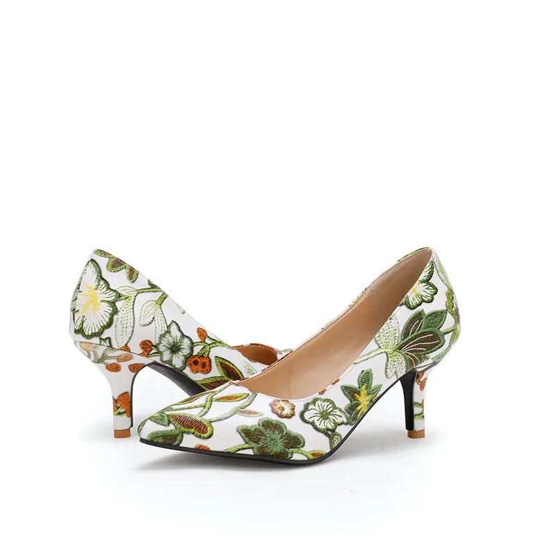 Ladies Retro Pumps Sexy High Heels Stiletto Black Green Blue Flowers Slip-Ons Plus Size 45-2 Wide Foot Shoes For Party Nigh Club
